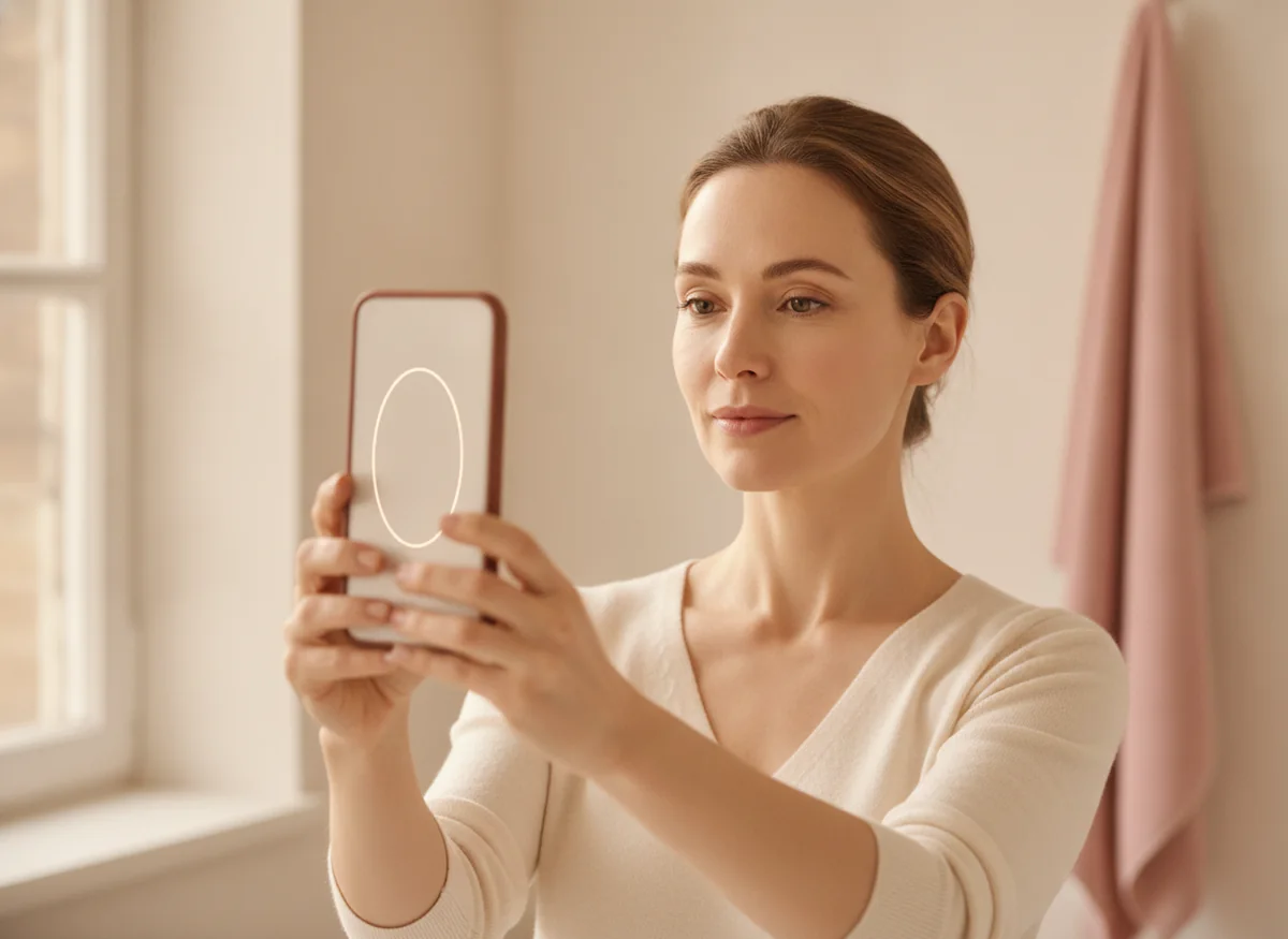 Femeie făcând testul de skincare Mounique cu telefonul